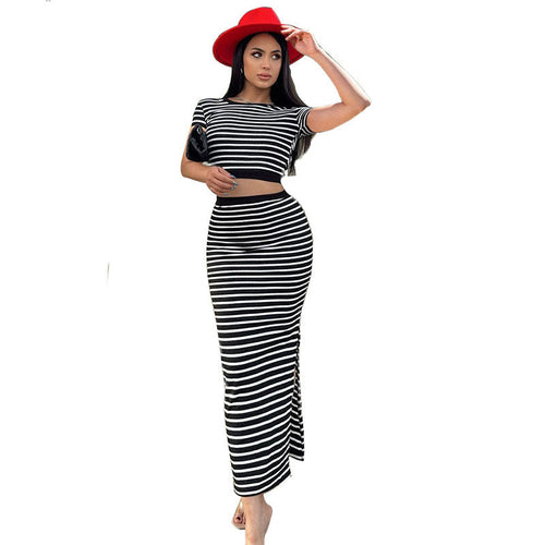 Conjunto de falda para mujer con rayas, top casual sin espalda y corte ajustado.