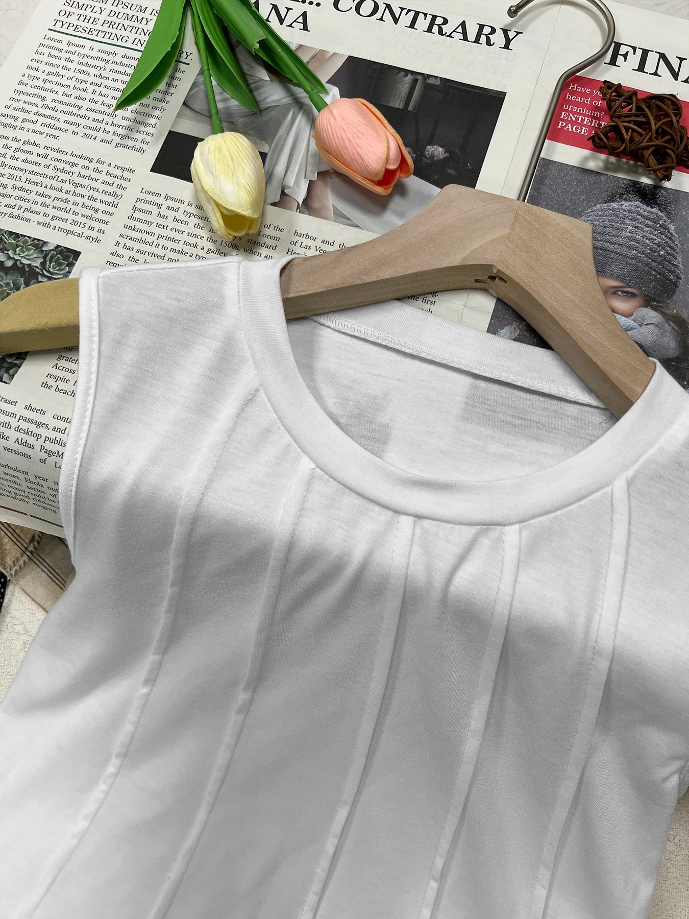 Chaleco de punto arrugado de cuello redondo para mujer