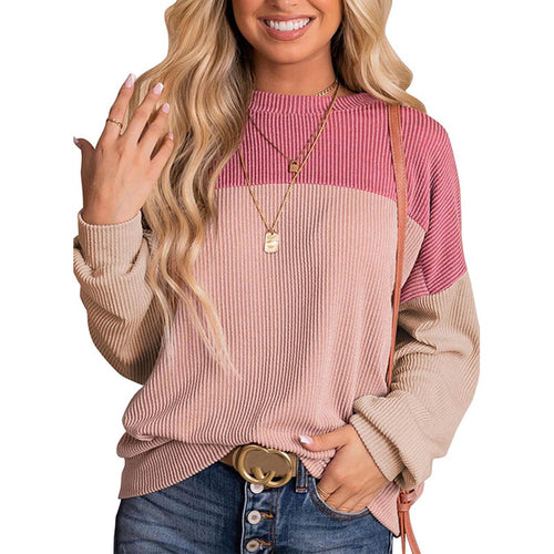 Top de manga larga con cuello redondo y bloques de color para mujer.
