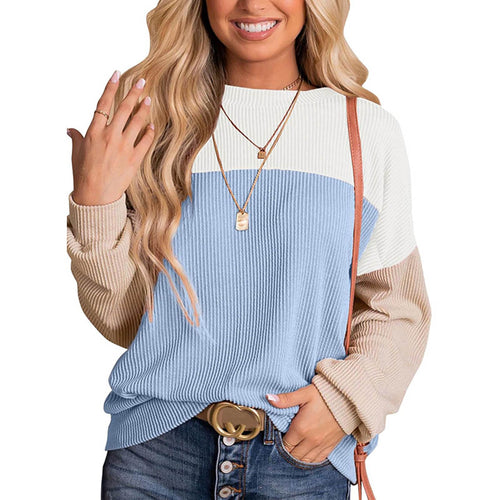 Top de manga larga con cuello redondo y bloques de color para mujer.