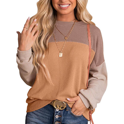 Top de manga larga con cuello redondo y bloques de color para mujer.