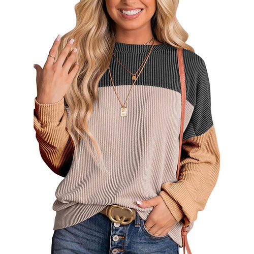 Top de manga larga con cuello redondo y bloques de color para mujer.