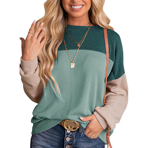 Top de manga larga con cuello redondo y bloques de color para mujer.